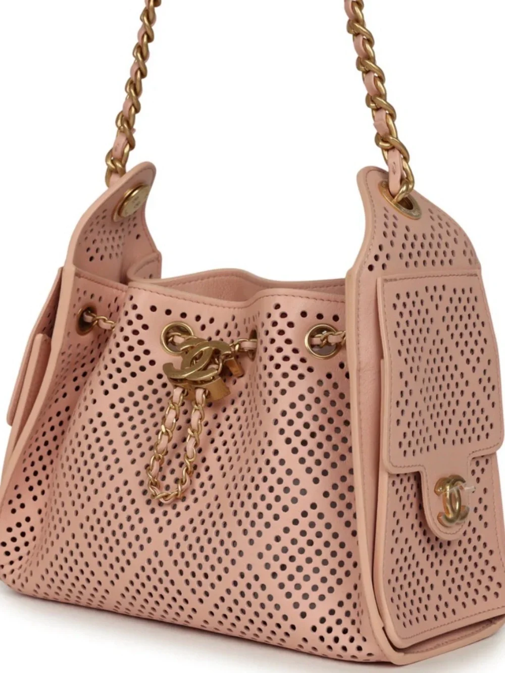 CHANEL Pink Perforated Leather Small Shoulder Bag with Gold Hardware